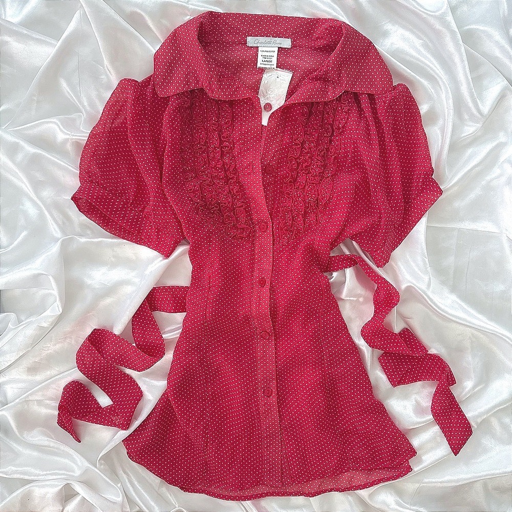 Charlotte Russe Red Polka Dot Ruffle Button Down Blouse Tie Waist Large NWT